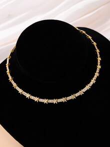 1pc Fashionable Cubic Zirconia Sparkling Criss-Cross Dual-Tone Letter X Necklace, Elegant Design Women's Party Gift Jewelry