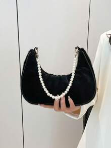 Túi lưỡi liềm nhung thời trang, Túi đeo vai lưỡi liềm đính ngọc trai giả thời trang dành cho nữ, Túi đeo vai Baguette thời trang, Túi nhỏ cầm tay bằng lông, Túi thường ngày ngoài trời, Túi đi làm đa năng - màu đen - Xem 5