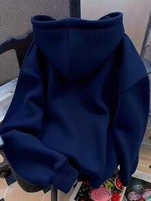 Sudadera Casual Sólida de Mujer con Capucha, Cordón y Bolsillos Canguro de Manga Larga Pullover - Azul Marino - Ver 2