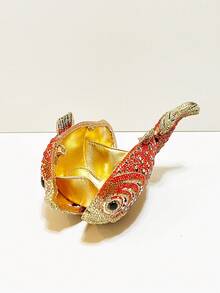 Dazzling, Brilliant, Elegant And Exquisite Super Mini Fish-Shaped Crystal Rhinestone Evening Clutch Bag, Adorned With Designer Exclusive Handmade Metal Crystal Handbag, Comes With Chain And Gift Box, Luxury Jewelry Design Diamond Clutch Bag, Suitable For Formal Occasions Like Gala, Ball, And Party, Perfect Choice For Ladies, Also An Ideal Gift For Wedding, Ball, And Banquet - 橘色 - 查看 8