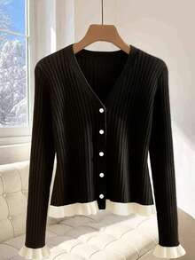 Cárdigan de punto con puños con volantes de color contrastante para mujer, para otoño/invierno, blusas de manga larga de otoño, elegante en color blanco y negro