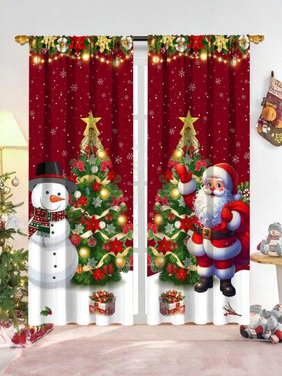 2 piezas Cortinas navideñas festivas, 60x150cm Cortinas de poliéster para decoración navideña, diseño de Papá Noel, muñeco de nieve y árbol de Navidad en rojo oscuro, cortinas filtrantes de luz para dormitorio, sala de estar, diseño de bolsillo para barra, decoraciones navideñas para el hogar 2025, decoración navideña y de invierno, suministros para fiestas navideñas, diseño plano 2D