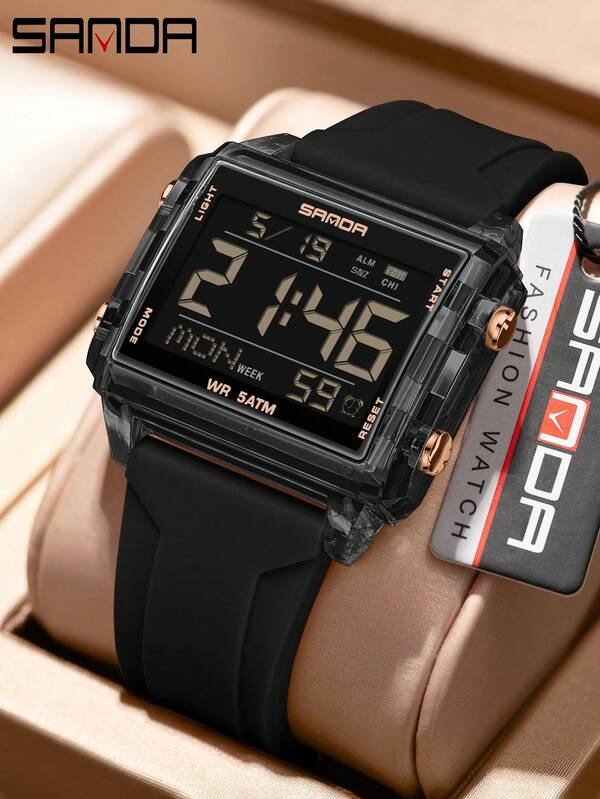SANDA. ساعة إلكترونية مؤقتة شفافة مربعة الشكل من ماركة SANDA، ساعة منبه للطلاب، ساعة رياضية متعددة الوظائف مقاومة للماء للرجال والنساء