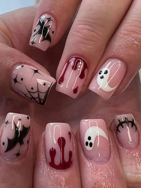 24 Pieces Of Pressed Short Nails, Halloween Red Bloodstains And Black Spider Webs, Bats, Ghosts, Dot Designs, Acrylic Pressed Nails, Nail Art Set. Suitable For Women/Girls To Be Quirky, For Parties, Gatherings, Daily Use, Role-Playing And Other Occasions. Enhances Your Style.