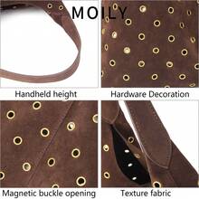 Large Capacity Women Tote Bag, Rivet Bag, Fashion Shoulder Bag With Various Rivet Niche Elements, Suede Design Elegant Handbag, Suitable For Dating, Daily, Shopping, Beach Vacation, Multi-Scenario Commuter Bucket Bag - Cà phê - Xem 4