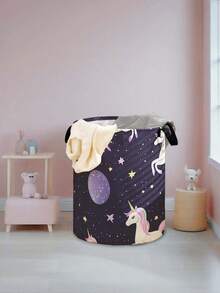 1pc Cartoon Pony Print Foldable Large Capacity Round Storage Basket With Handle, Multipurpose Storage Bin For Nursery, Baby Diaper, Clothes, Toys And Accessories Organization