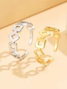 1pc Simple Wavy Openwork Stainless Steel Adjustable Plain Ring, 18K Gold Plated Women Accessory For Daily Wear - Gold - View 9