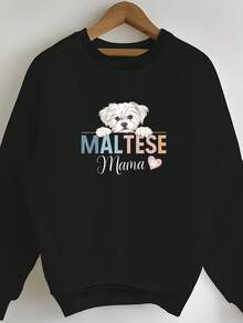 1 Piece Women's Casual Long Sleeve Round Neck Sweatshirt With Maltese Mom Print, Polyester Fabric, Regular Length, Suitable For All Seasons Fashion Top Loose And Comfortable Valentine Sweatshirts - màu đen - Xem 1