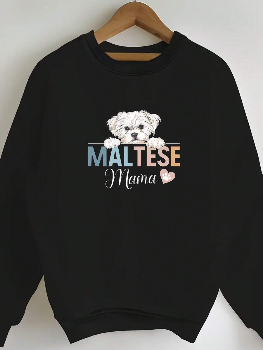 1 Piece Women's Casual Long Sleeve Round Neck Sweatshirt With Maltese Mom Print, Polyester Fabric, Regular Length, Suitable For All Seasons Fashion Top Loose And Comfortable Valentine Sweatshirts - màu đen - Xem 1