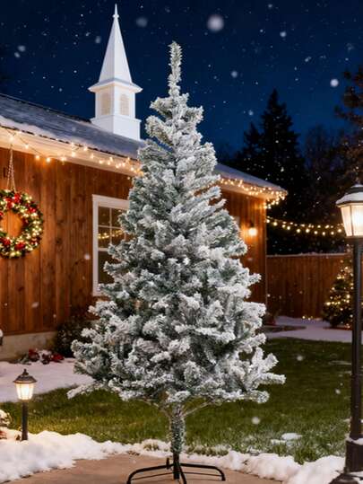 1PC/ Christmas Yard Decoration Christmas Tree, Realistic Snow-Flocked Pine Artificial Holiday Christmas Tree, Artificial Christmas Tree With Sturdy Metal Stand & Quality PVC Needles, Pencil Xmas Tree For Indoor & Outdoor Holiday Decoration