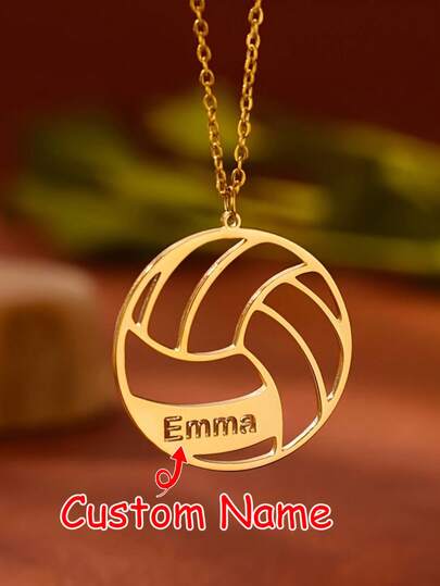 Customized "Emma" Volleyball Necklace - 18K Gold Plated Stainless Steel Pendant, Exquisite Design, Perfect Gift For Volleyball And Basketball Players, Sports Themed Jewelry | Volleyball Themed Jewelry | Chain Necklace, Volleyball Accessory,Back To School Fashion, Necklace For Woman, Personalized Name Necklace