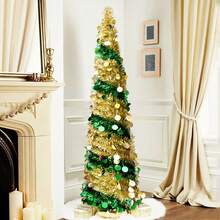1.5m/5ft Classic  Christmas Tree, Pencil Shaped Glittery Artificial Festive Tree With Foldable Storage Design, Suitable For Christmas, Home, Office, Festive Party And Wedding Decoration - Golden Green - View 3