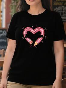 Camiseta casual para mujeres de 220g de algodón puro gruesa y cómoda con diseño de corazón de lápiz rosa de estilo cartoon - Negro - Ver 2