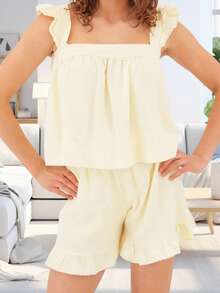 Women Striped 2 Piece Outfits Square Neck Flying Sleeve Tops Loose Tank Tops Ruffle Trim Shorts Pj Set Sleepwear For Spring Summer Causal Daily - Yellow - View 4