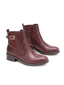 calcena Klassische Damenstiefeletten mit niedrigem Blockabsatz, Chelsea-Bootie mit elastischem Einsatz hinten und dekorativer Schnalle, bequemer Stiefel mit runder Zehenpartie und seitlichem Reißverschluss für Arbeit, Büro und den ganzjährigen Alltag - Bordeaux - Übersicht 3