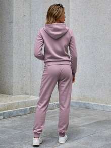 Conjunto casual 2 piezas con sudadera, gorro, cordones y pantalón con bolsillos - Lila Púrpura - Ver 2