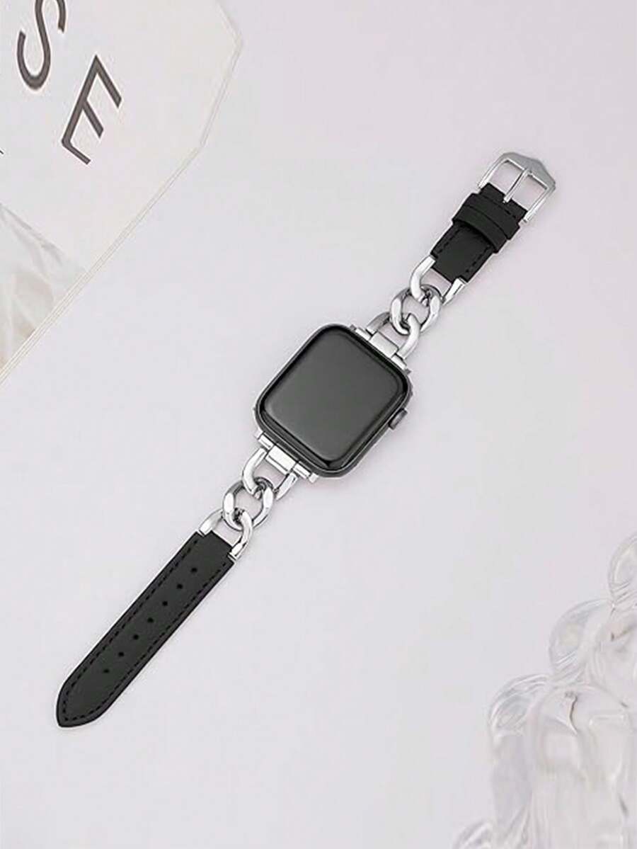 Silver Metal & Black Leather Hybrid Apple Watch Band, Compatible With Apple Watch Ultra/Series 3/SE/Series 8/7/6/5/4/3/2/1, Fashionable And Personalized Gift For Young Men And Women, 38mm/40mm/41mm/42mm/44mm/45mm/46mm/49mm