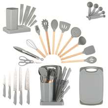 23 PCS Silicone Kitchen Utensils Set And Kitchen Knife Set With Removable Knife Cover, Non-Stick Heat Resistan Kitchen Tools Best Kitchen Cookware Include 12 Pcs Silicone Cooking Utensils 5 Pcs Chef Knife Set - Màu Xám nhạt - Xem 10