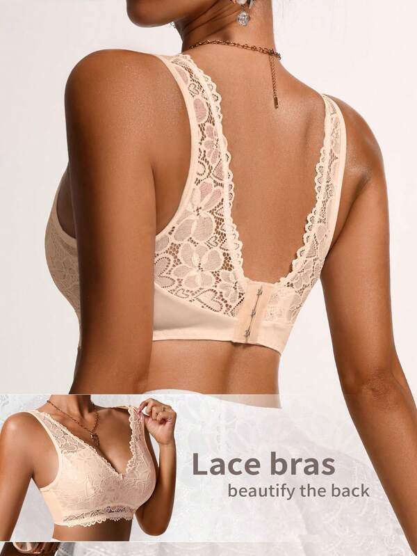 1pc Women's Casual Embroidered Lace Deep V Wireless Seamless Supportive Breathable Bra