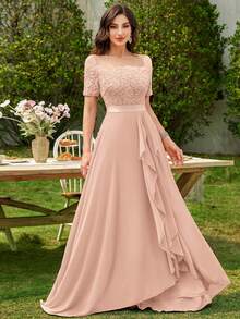 MIUSOL Elegant Women's Floral Lace Boat Neck Contrast Champagne Chiffon Maxi Dress With Ruffle Trim Flowing Hem, Formal A-Line Gown For Wedding Guest, Evening Party And Holiday - Rượu sâm banh - Xem 4