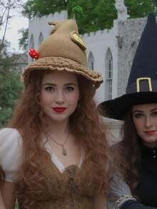 Crochet Witch Hat With Red Mushroom Accent For Halloween Costume, Knitted Pointed Witch Hat With Pom-Pom Detail, Perfect For Spooky Halloween Party & Cosplay, Fall / Winter