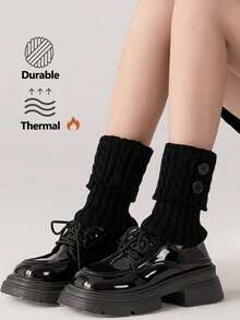 1 Paar Damen Schwarze gestrickte kurze Beinwärmer, modisch, vielseitig, weich & hautfreundlich mit Knopfverzierung