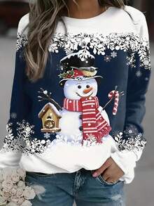 Women's Christmas Print Crew Neck Long Sleeve Sweatshirt - Blue - View 4