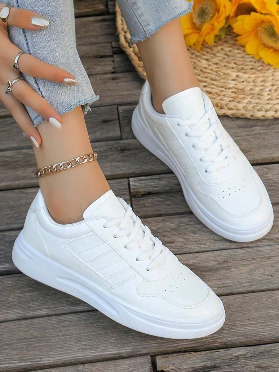 女士春秋季新款白色休闲运动鞋、运动跑步鞋、防滑平底运动鞋 - 白色 - 查看 1