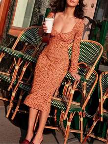 新款性感优雅碎花长袖摆裙，波西米亚风格女士度假连衣裙，初秋 - 橘色 - 查看 5