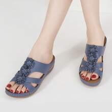 Ecetana Women's Slip-On Platform Sandals - Breathable Open-Toe Wedge Slides With Arch Support & Floral Decor, Non-Slip Sporty Beach Shoes For Vacation, Walking And Summer Outings.Women's Summer Black Sandals.Plataformas De Mujer Elegantes, - 藍色 - 查看 7