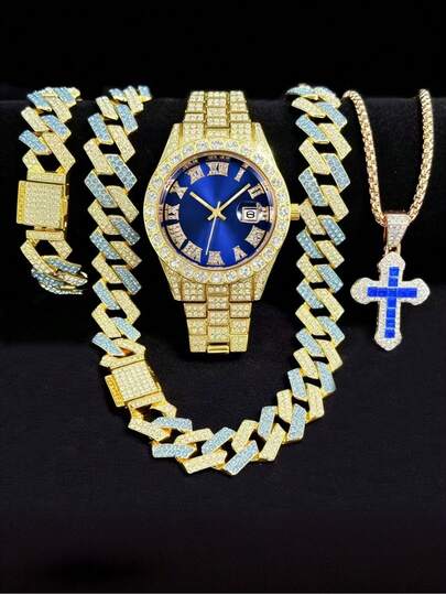 4 قطع مجموعة ساعة رجالية فاخرة من سبيكة ذهبية مع تقويم ومقياس رقمي روماني، ساعة كوارتز مع سوار وقلادة، مناسبة للملابس اليومية، هدية مثالية