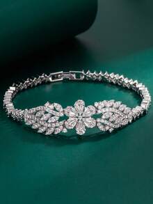 1pc Tylionnejewelry Elegant Platinum Plated Zirconia Bracelet, Luxury Jewelry Gift For Women, Suitable For Parties, Anniversaries, Weddings - Silver - View 1