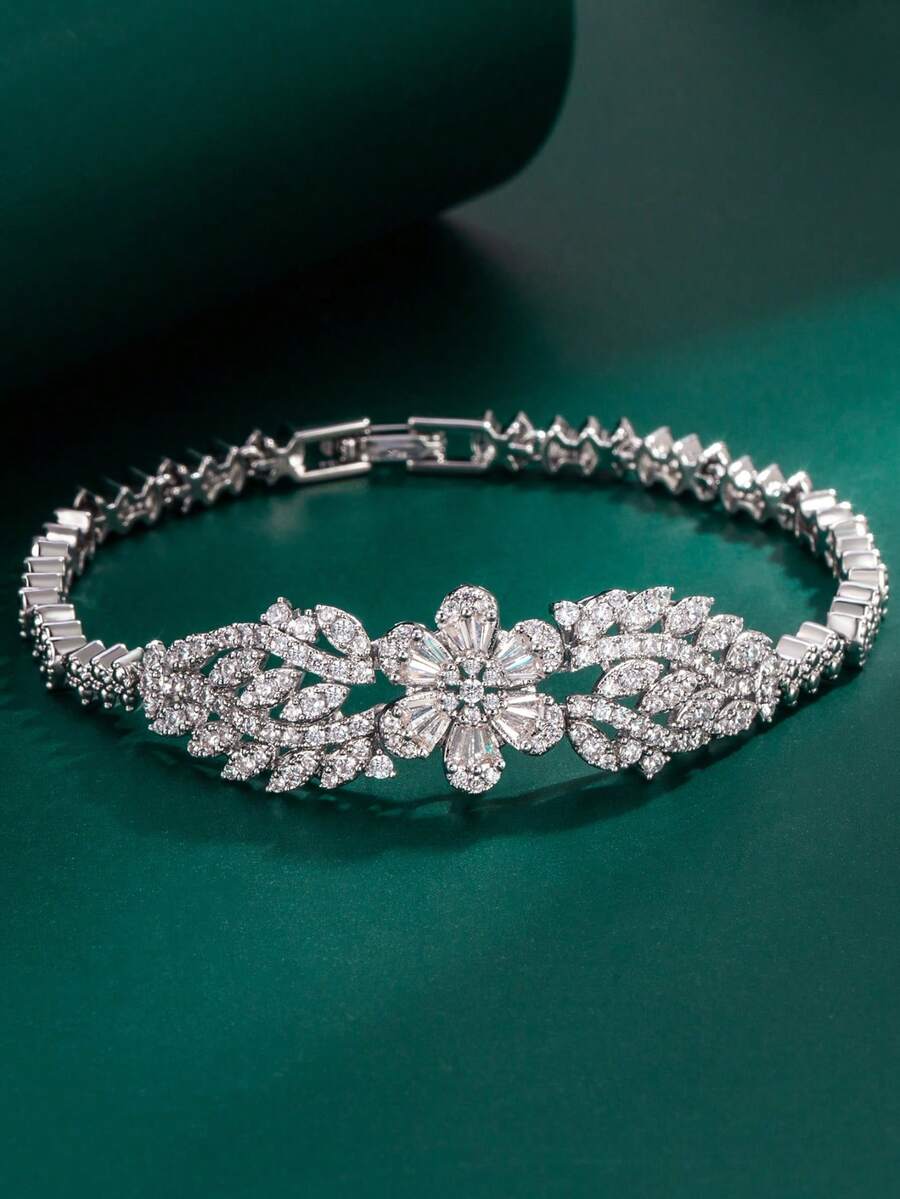 1pc Tylionnejewelry Elegant Platinum Plated Zirconia Bracelet, Luxury Jewelry Gift For Women, Suitable For Parties, Anniversaries, Weddings - Silver - View 1