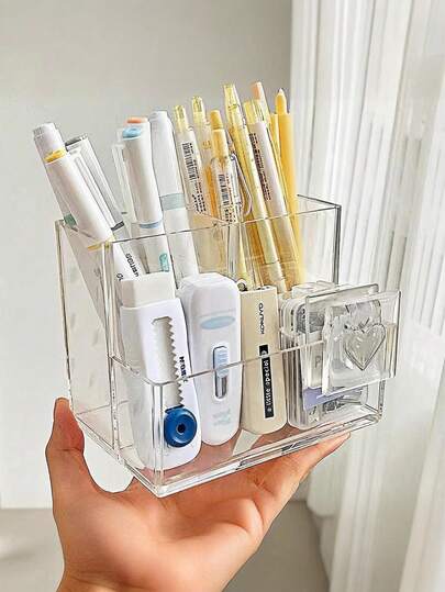 1pc Transparent Acrylic Makeup Brush Holder, 3-Compartment Cosmetic Storage Box, Pen Cup, Desk Organizer, Vanity Accessory, Christmas Gift, Bathroom & Office Home Decor