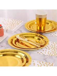 50/30/20/10/5 pièces Assiettes dorées, 9 pouces/7 pouces Assiettes rondes, Convient pour les desserts, salades, gâteaux, repas, vaisselle de saison, idéal pour Noël, Halloween, Pâques, Thanksgiving, cadeaux, fêtes de remise de diplômes, mariages, pique-niques