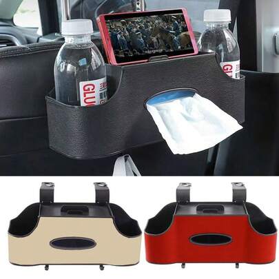 Organizador para el respaldo del asiento del coche, organizador de maletero para coche con 2 portavasos, soportes para teléfono celular, ganchos y caja de pañuelos, caja de almacenamiento multifuncional para vehículos para adultos durante viajes
