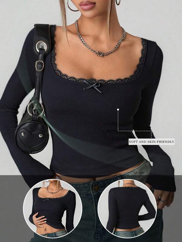 1pc Women's Fashionable Sexy U-Neck Floral Trim Knit Undershirt, Skin-Friendly Soft Outer Wear Long Sleeve T-Shirt, Spring/Autumn