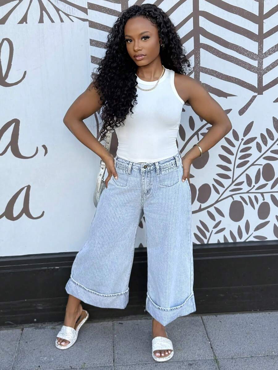 Steph T Quần jeans denim ống rộng lưng thấp dệt phong cách BOHO mùa hè dành cho nữ, trở lại trường, cổ điển - Rửa nhẹ - Xem 1