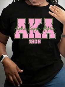AKA Sorority Crew Neck Tee, Pink & Green T-Shirt, Women's AKA Sorority, Pretty Cute Aka Tee T-Shirt, Comfortable Fit, AKA Letter Printed T-Shirt, Women's Casual Short  T-Shirt-220g - màu đen - Xem 1