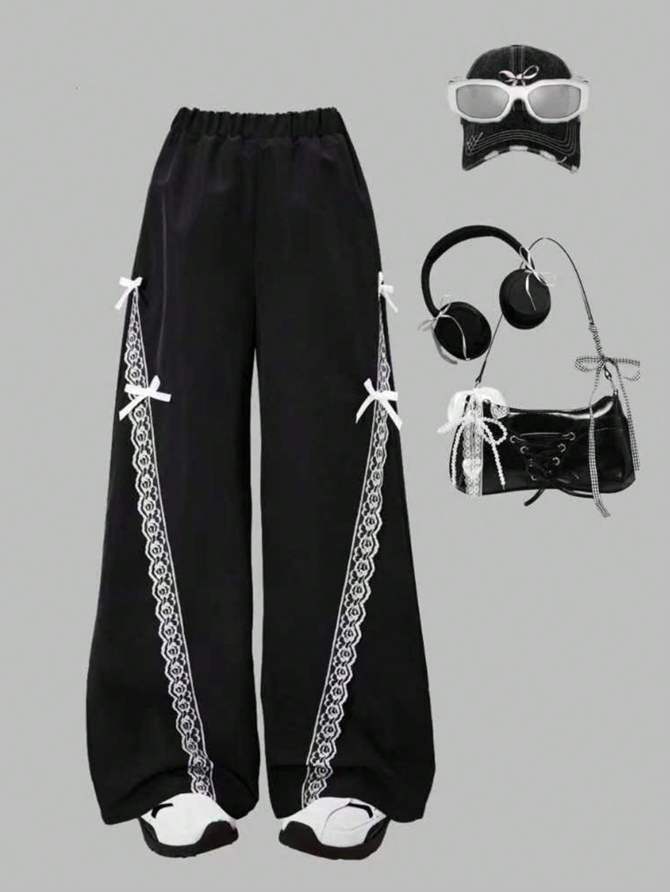 بنطلون رمادي واسع الساق مع شريط دانتيل وفيونكة، أن...