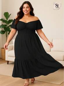 Vestido Longo Plus Size Elegante com Lastex na Cintura e Babado – G2 ao G5 Conforto e Estilo Moderno