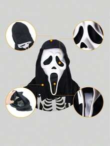 1 set Masque et cape de costume de fantôme hurlant d'horreur, accessoire de costume de fête d'Halloween en latex pour adultes