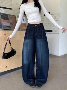 女式舒适阔腿牛仔裤，带拉链、纽扣口袋和刺绣细节，宽松版型，无弹力 - 藍色 - 查看 4