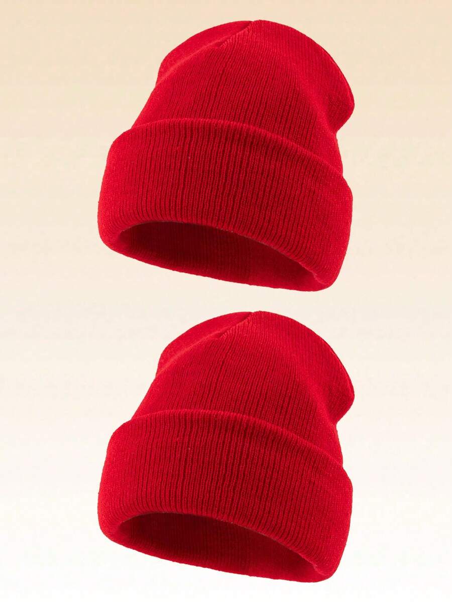 2pcs Outdoor Warm Solid Color Knit Beanie Hats, Suitable For Daily Wear Winter Warm - Red + Red - View 1
