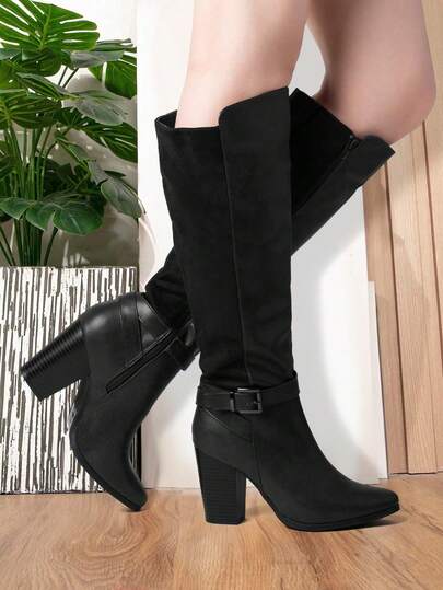 Women's Fashionable Metal Buckle Decor Knee High Boots,Women Black Mid-Calf Boots,Side Zipper Knee Boots, Chunky Heel ,Round Toe Riding Boots Comfortable