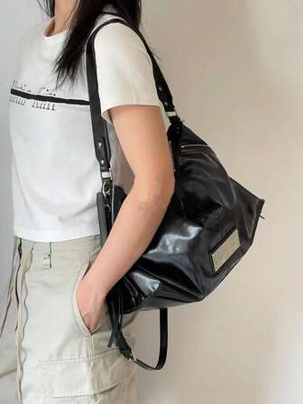 Koreansk Niche Motorcykelväska, Svart PU Mjukt Läder Axelväska med Dragkedja Design, Armhåla Toteväska, Kan Bäras på Axeln eller Crossbody