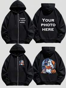 Customized Men's Hooded Zip-Up Sweatshirt Jacket, Front & Back Graphic Printing, Customizable Logo/Christmas/Halloween/Thanksgiving/Dance Crew/Work Uniform/School Uniform/Advertising, Lucky Number-Family Pet Friend-Any Design, Autumn Thermal Lined Hoodie Jacket
