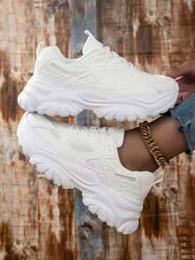 Women's Leather & Mesh Splice Thick Sole Sneakers, Lace-Up Outdoor Breathable Casual Running Shoes, Anti-Slip Elevated Fashion Footwear