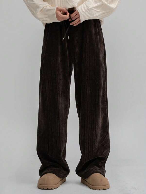 Men's High Density Soft Comfortable Letter Stripe Velvet Casual Warm Pants, Suitable For Daily, School, Leisure And Commuting Outfits, Autumn/Winter