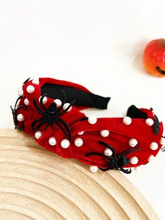 1 szt. damska opaska na głowę z czerwonego sztruksu na Halloween z perłowym wzorem pająka i nietoperza, ozdoba na głowę w stylu horroru, opaska do włosów, obręcz do włosów